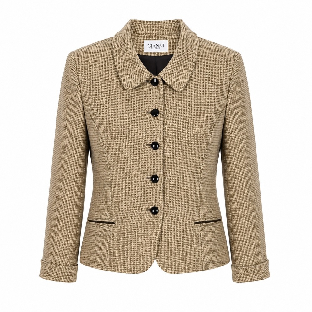 Gianni Petite Houndstooth Wool Blazer Tan Black Womens Jacket Vintage Preppy